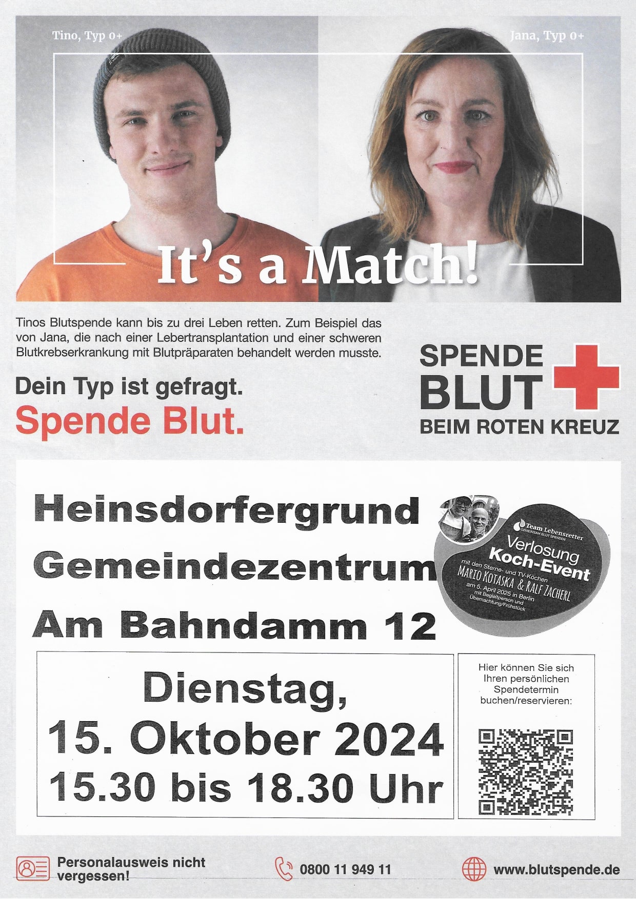 Plakat Blutspende in Heinsdorfergrund am 15.10.24 um 15:30 Uhr